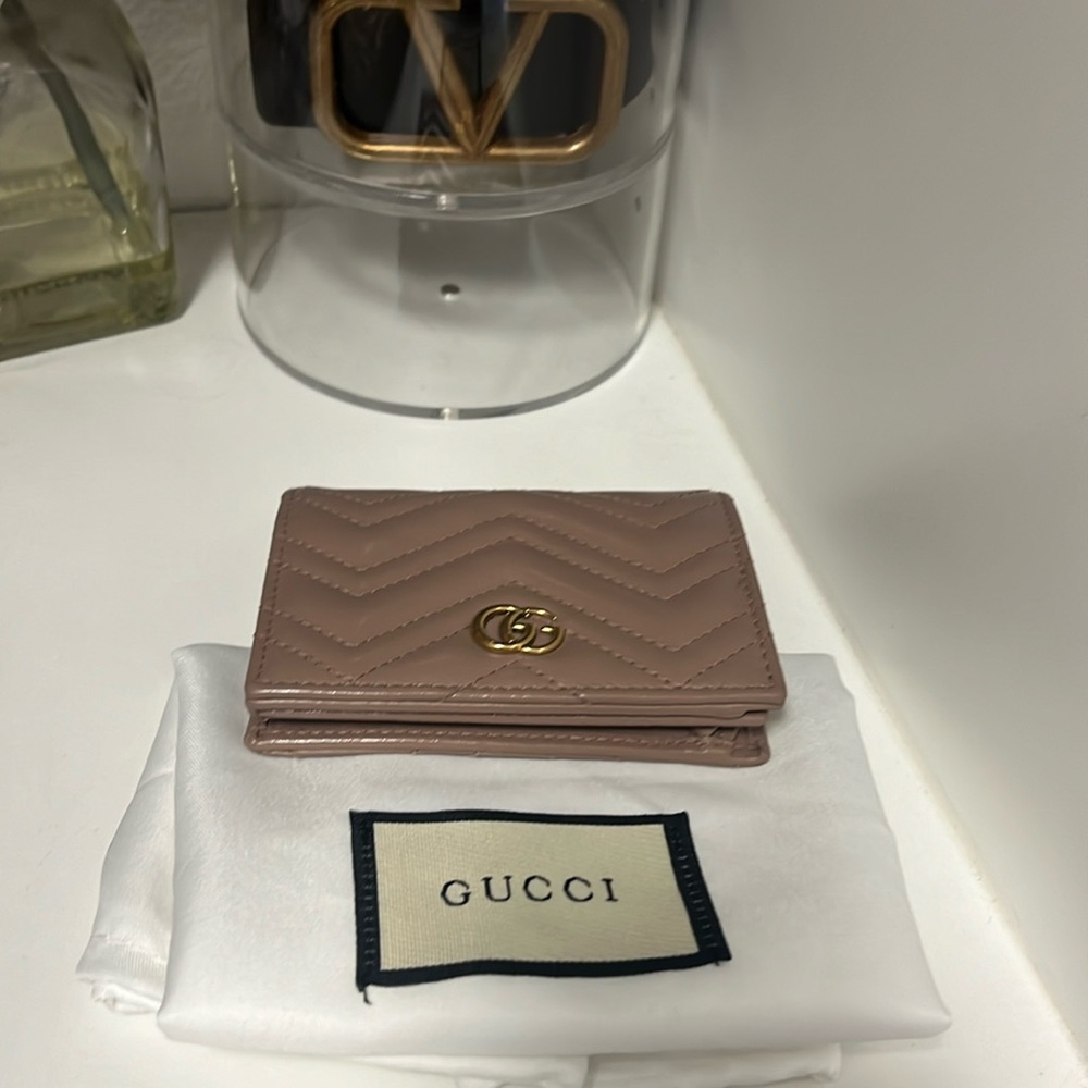 GUCCI Calfskin Matelasse GG Marmont Card Case Wallet Porcelain Rose